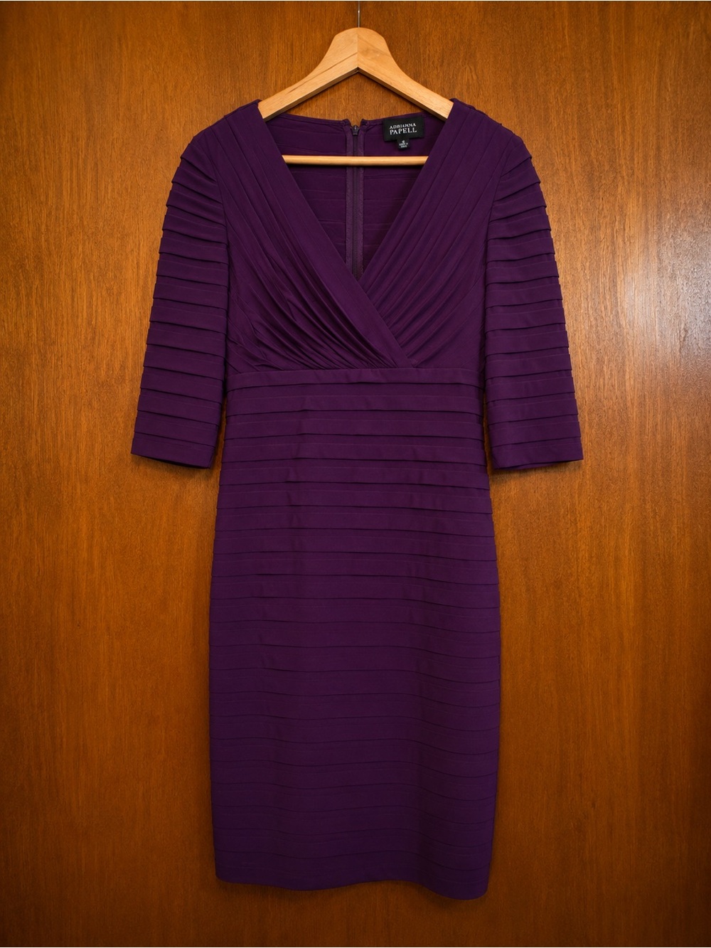 Adrianna Papell Deep Purple V-Neck Pleated Sheath Dress